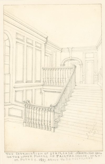 Fortsetzung der Treppe, vom Saal zu den oberen Stockwerken, Fairfax House, High Street, Putney, 1887 von John Phillipp Emslie